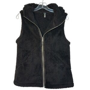 Jones New York Signature Fuzzy‎ Sherpa Vest Sleeveless Hooded Black Casual S